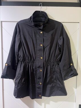 Tommy Hilfiger Navy Blue Cinch-Waist Trench Coat with Gold Buttons